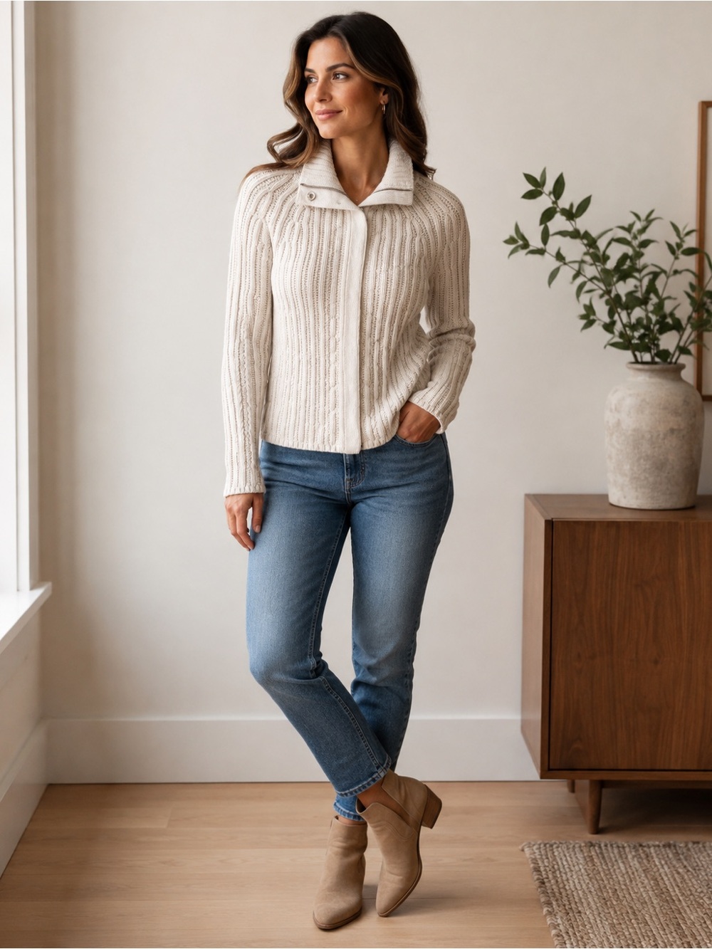 Banana Republic Cashmere Blend Cable Knit Mock Neck Snap Sweater S